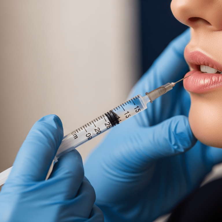Close-up of lip filler injection being administered by a medical professional.