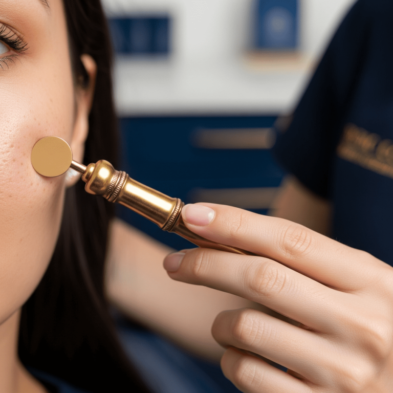 Close-up of a provider using a gold facial assessment tool on a patient’s cheek to evaluate skin texture.