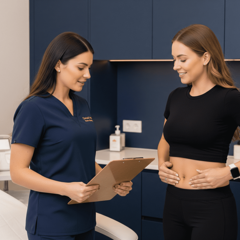 A medical provider discusses abdominal treatment options with a patient during a consultation in a modern aesthetic clinic.