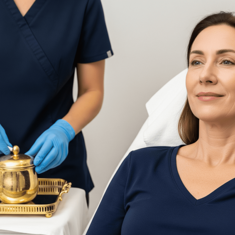 A provider prepares aesthetic treatment tools while a patient relaxes on the treatment chair.