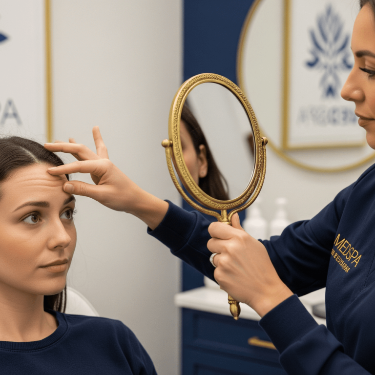 A provider examines a patient’s forehead lines using a handheld mirror during an injectable consultation.