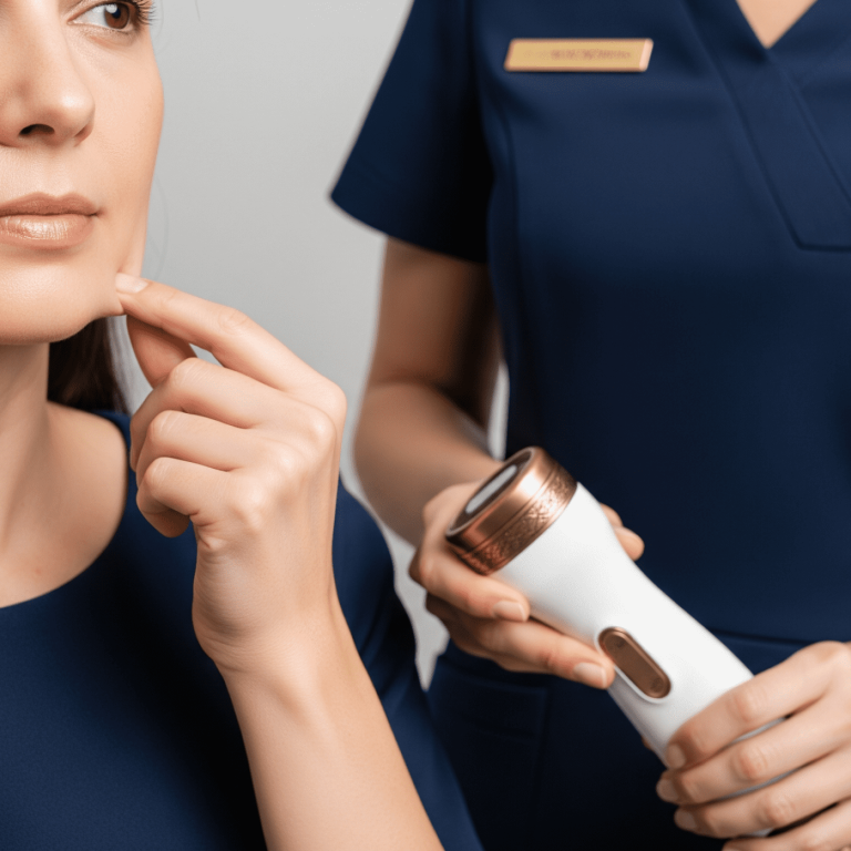 A patient gently pulls at her jawline while a provider holds a skin-treating device during a facial assessment.