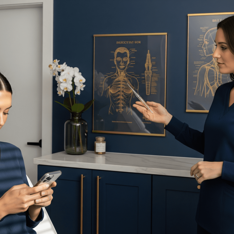 A provider explains neck treatment options to a patient with marked lines on her neck.