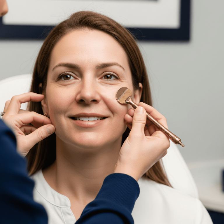 A provider evaluates a patient’s under-eye area using a small assessment tool during a facial consultation.
