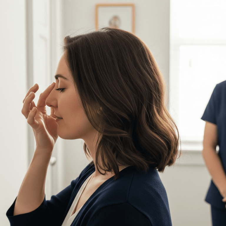Patient evaluating nose shape in mirror before Botox nose slimming treatment