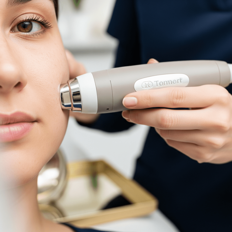 Aesthetic provider performing microneedling facial treatment for skin texture improvement
