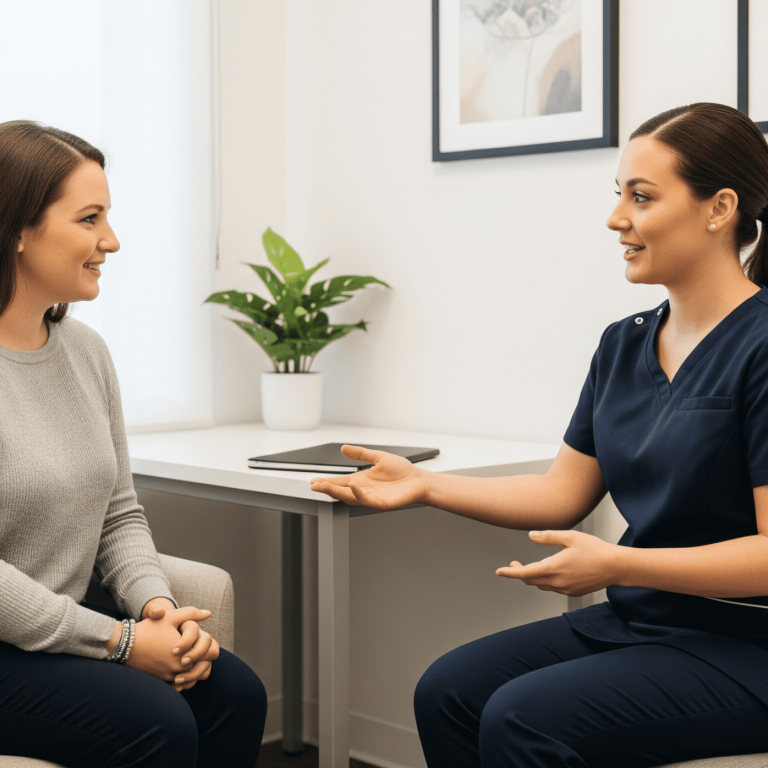 Provider discussing skin texture concerns and treatment options with patient