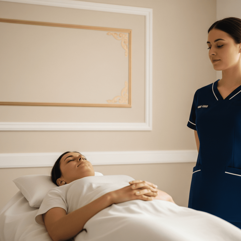 Aesthetic provider standing beside patient preparing for treatment