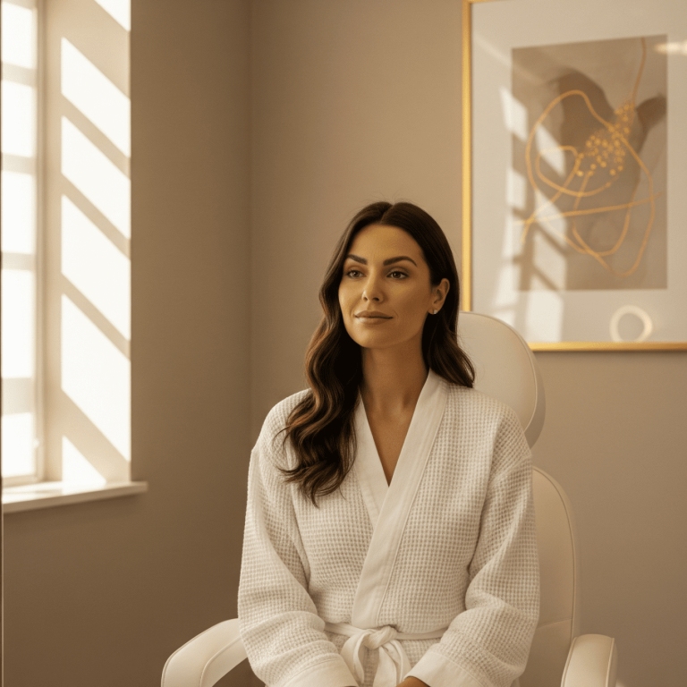 Patient looking at her face in a mirror after aesthetic treatment
