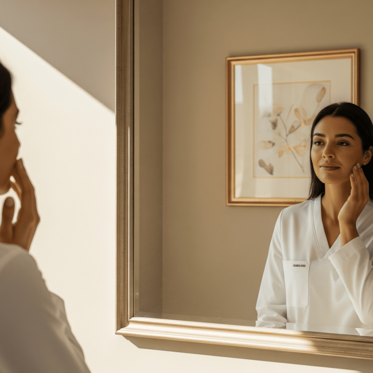 Patient gently touching her face while reviewing skin texture in a mirror