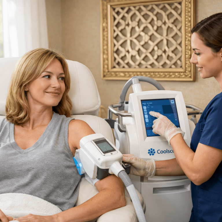 CoolSculpting treatment applied to upper arm in medical aesthetics clinic