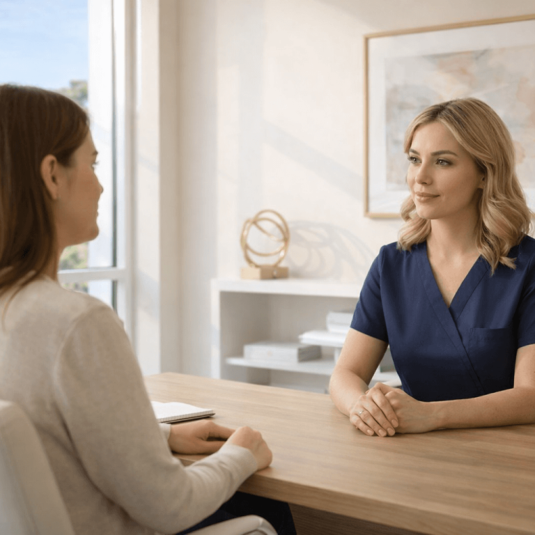 Patient meeting with aesthetic provider during clinic consultation