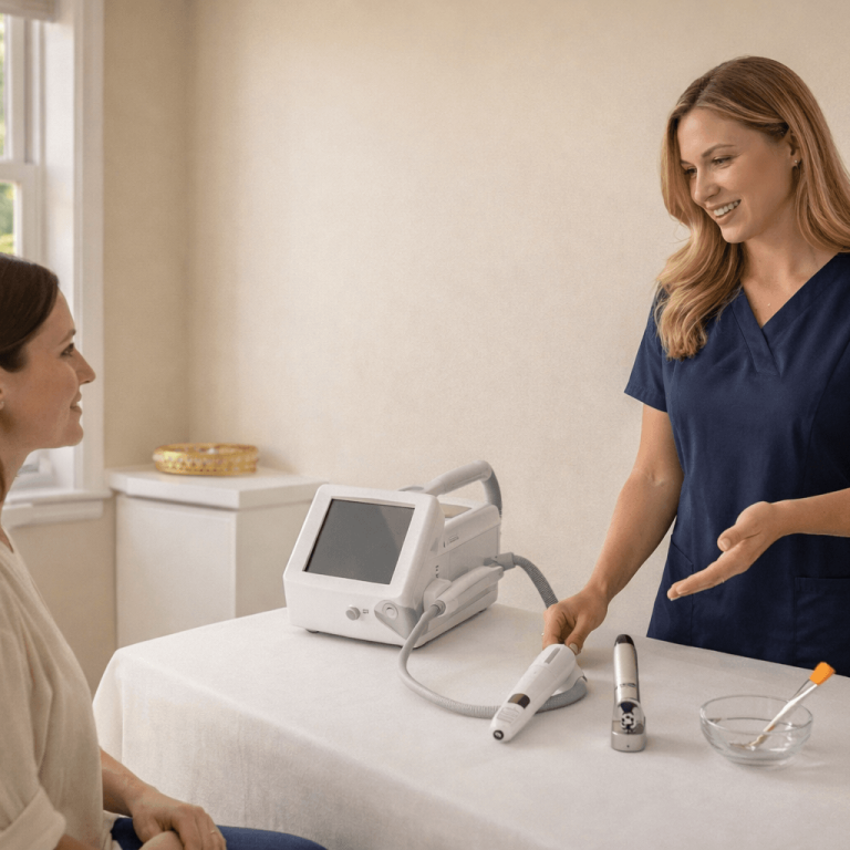 Aesthetic provider explaining microneedling device options during consultation