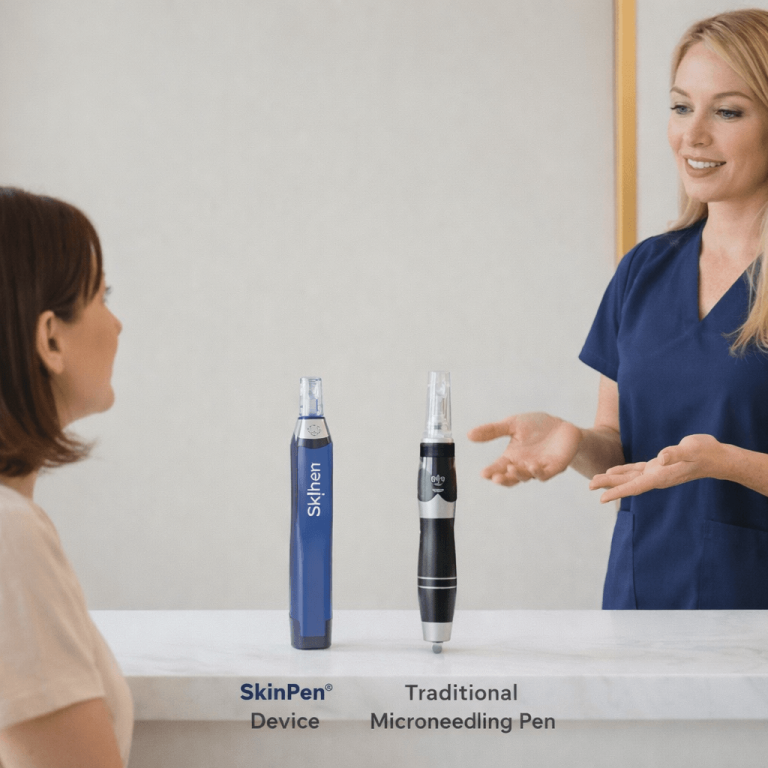 SkinPen microneedling device displayed next to traditional microneedling pen