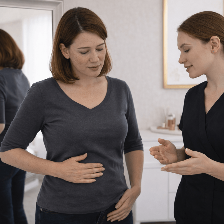 Patient discussing stubborn fat areas with aesthetic provider