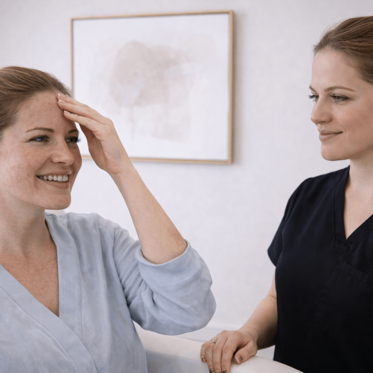 Patient discussing forehead concerns with provider before Botox treatment
