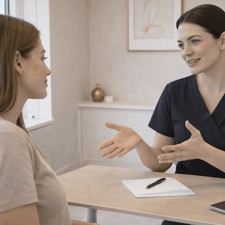Aesthetic provider discussing treatment options with patient at desk