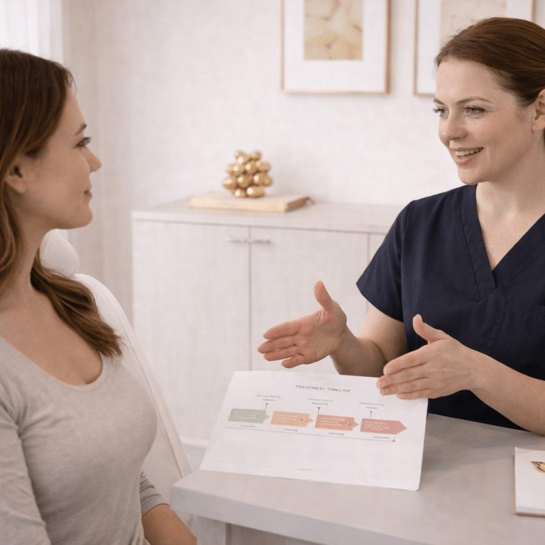 Aesthetic provider explaining a treatment timeline to a patient during consultation