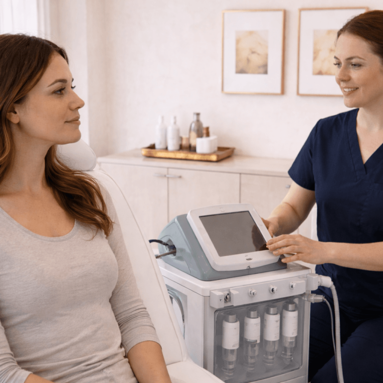 Aesthetic provider explaining skin treatment device to patient