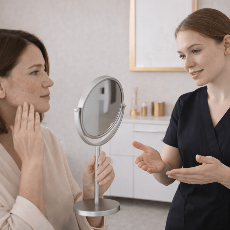 Patient examining facial areas in mirror during filler consultation