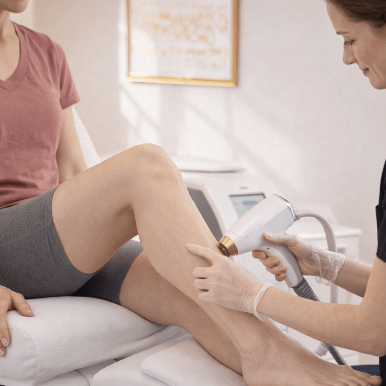 Laser hair removal treatment being performed on patient leg