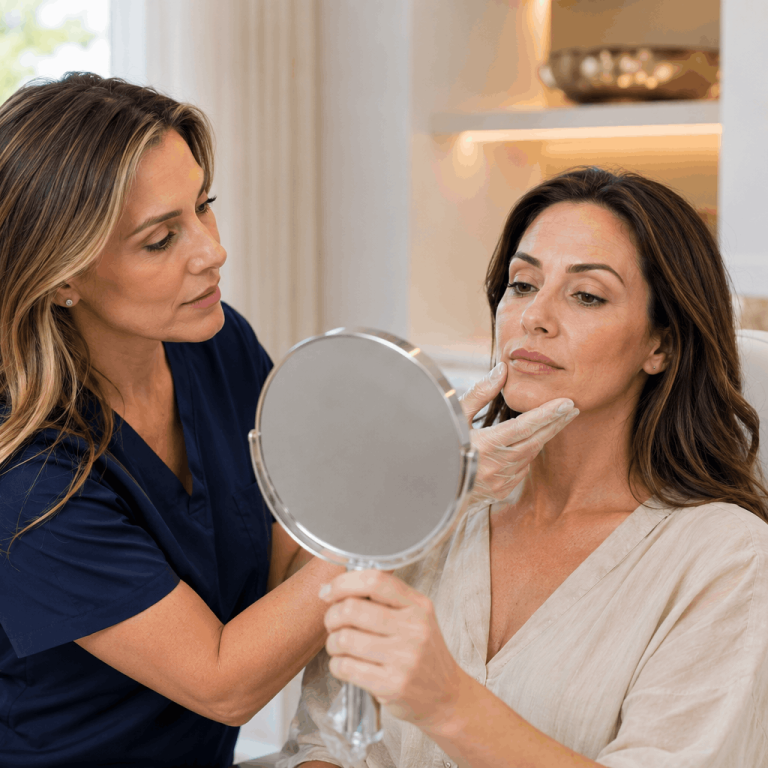 Provider assessing facial filler placement during facial balancing consultation