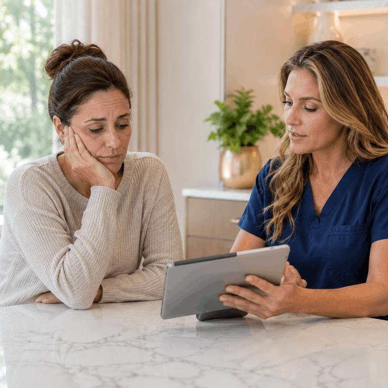 Woman discussing high cortisol levels and weight loss concerns with wellness provider