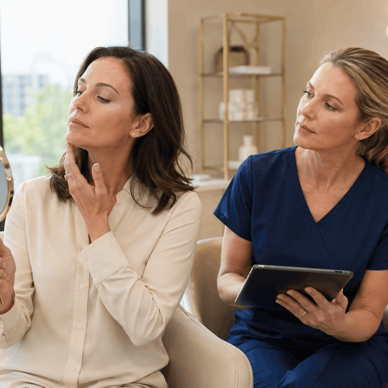 Woman checking her jawline during a consultation about a double chin after weight loss.