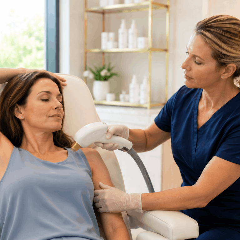 Patient receiving miraDry treatment for excessive underarm sweating.