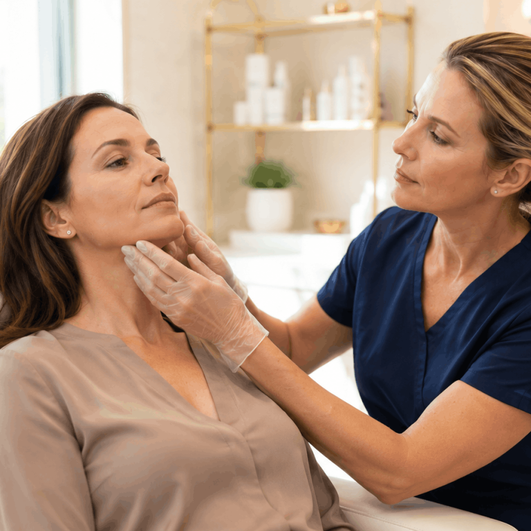 Provider evaluating a patient's chin profile before Kybella treatment.