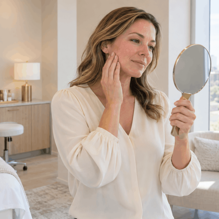 Potenza RF microneedling downtime with woman checking facial redness in mirror