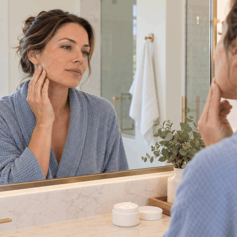 TCA peel recovery time with woman checking peeling skin