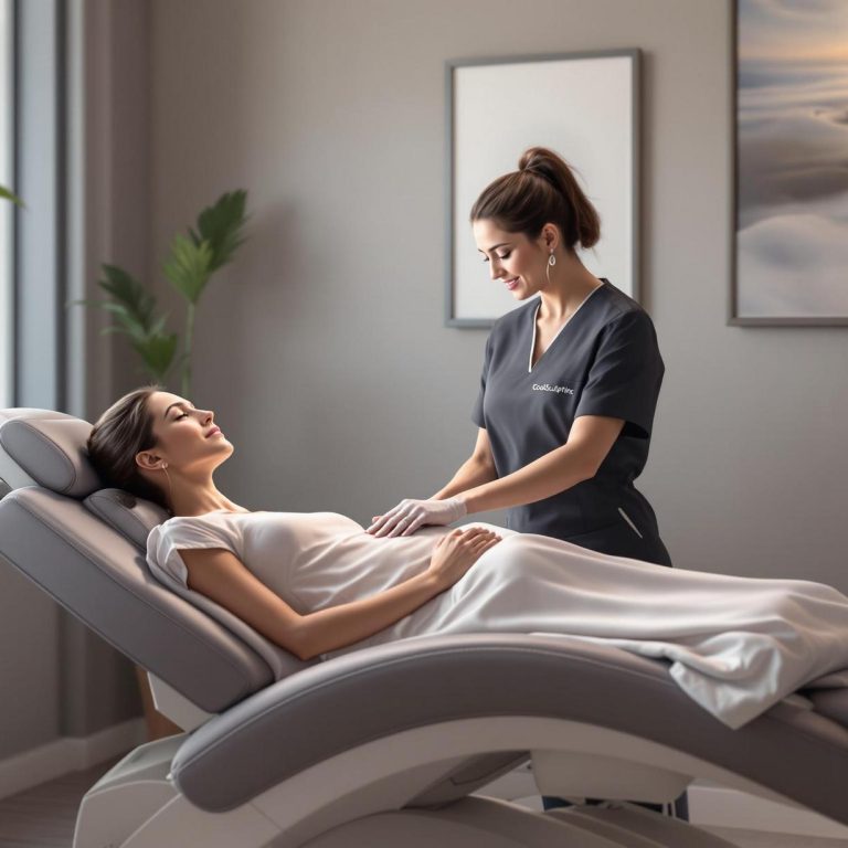 client receiving a coolsculpting fat reduction treatment while relaxing in a medspa setting